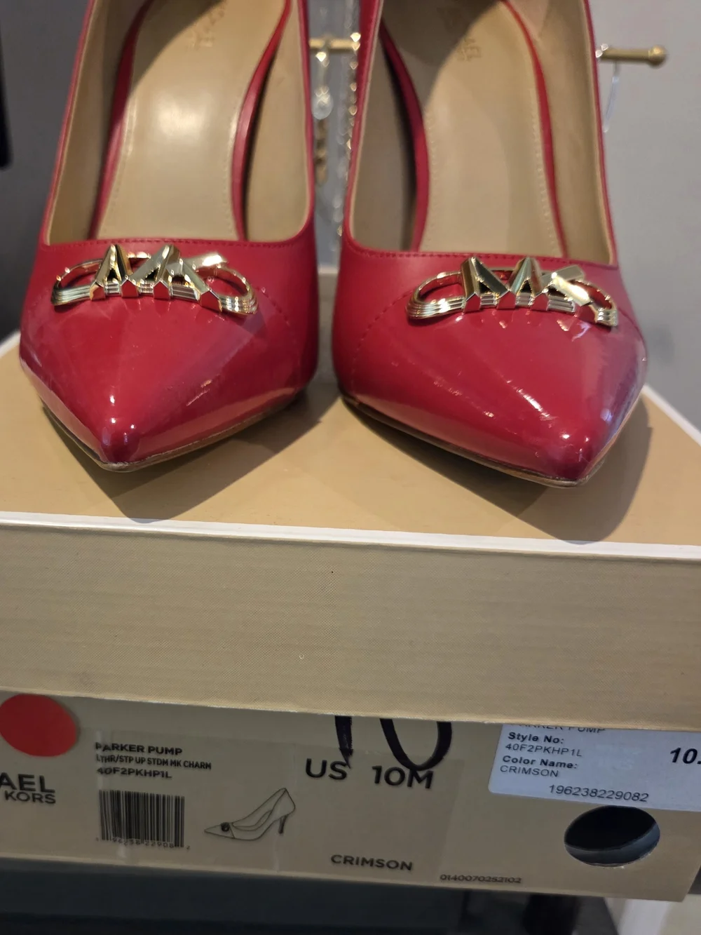 Michael Kors Red Leather w/ Patent Leather Pointed-Toe Pumps with Gold MK Emblem